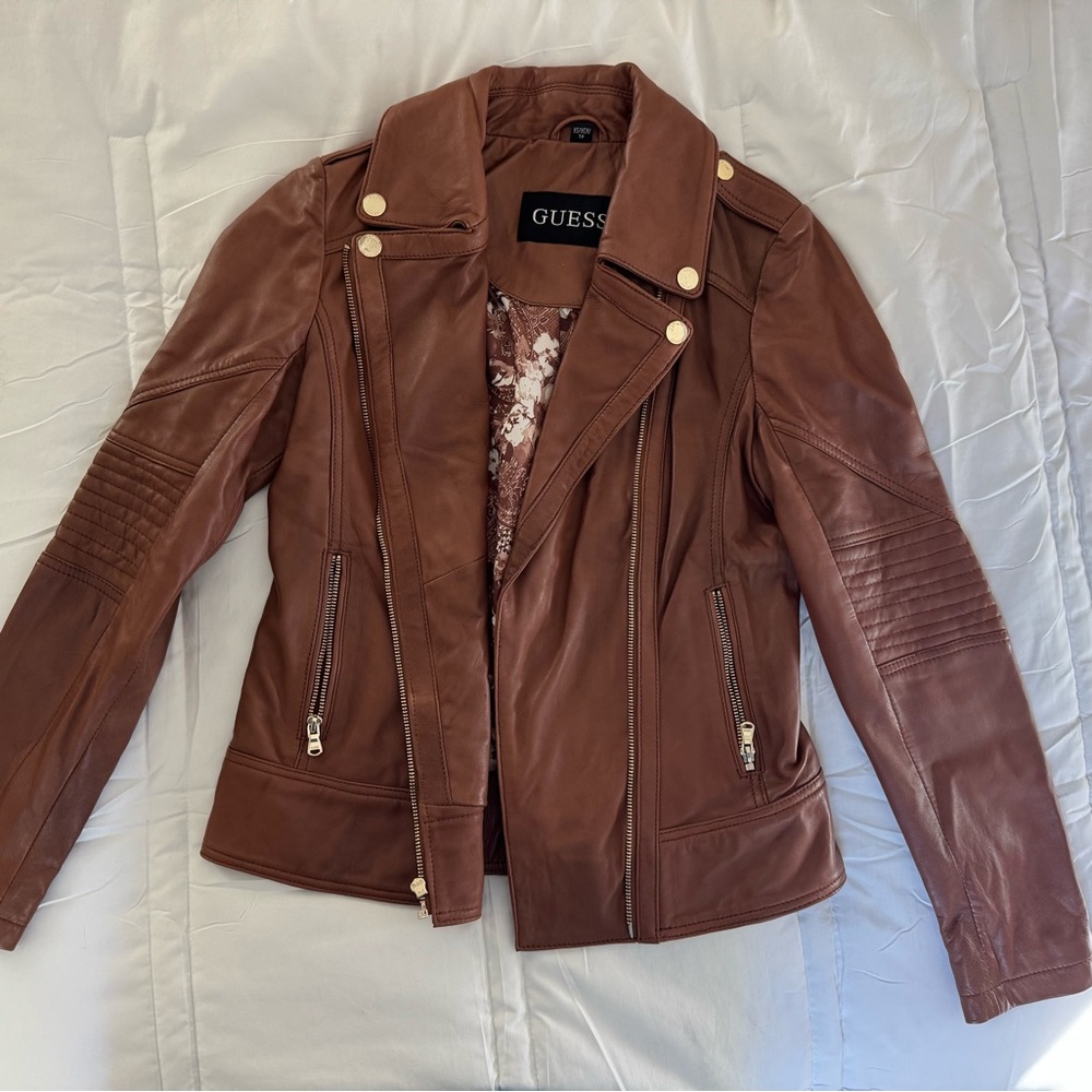 XS Guess Women's Brown Leather Biker Jacket